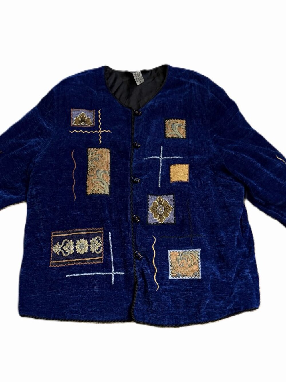 Indigo Moon Blue Chenille Cardigan Embroidered Patchwork Toggle Buttons 1X